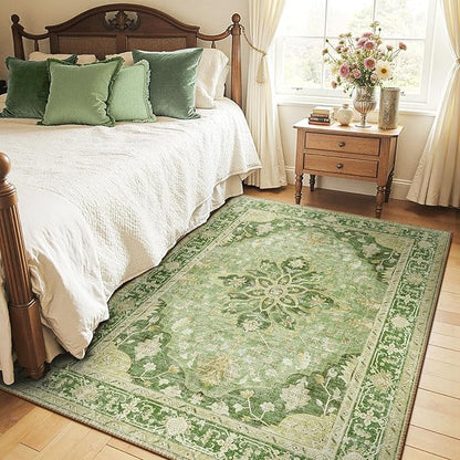 RELEANY Area Rugs 5'x7' Washable Non-Slip, Floral Vintage Distress Print Pattern Medallion Carpet for Living Room Bedroom Dining Room, Sage Green Yellow