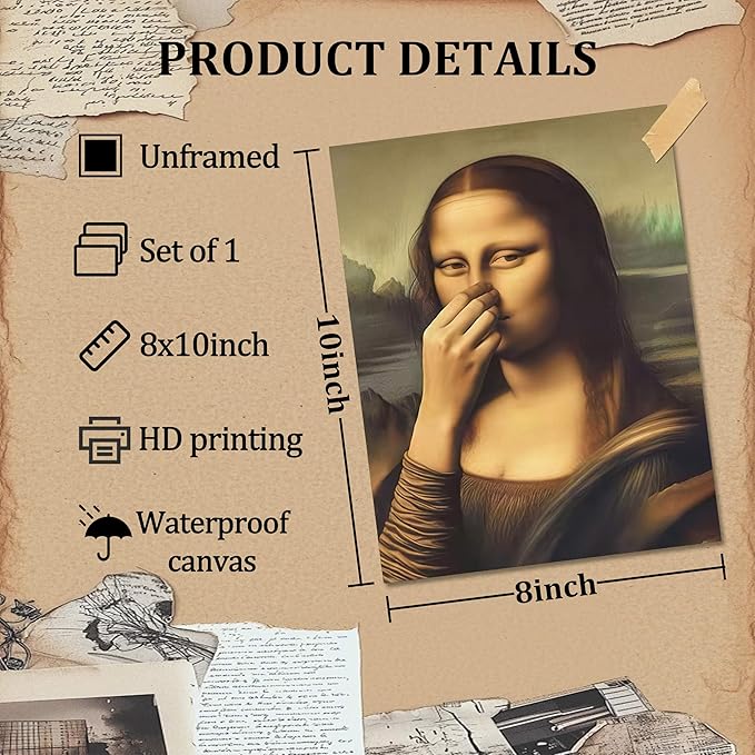 XYHYRA Vintage Mona Lisa Bathroom Wall Art, Funny Mona Lisa Pinching Nose Wall Decor, Humor Amusing restroom Canvas Print Painting for Toilet Bathroom Home Decor 8x10 Inch Unframed