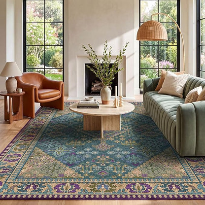 8x10 Area Rugs for Living Room, Machine Washable Low Pile Rug, Non Slip Backing Boho Rugs for Bedroom, Printed Soft Vintage Carpet Teal Green Purple 8 x 10