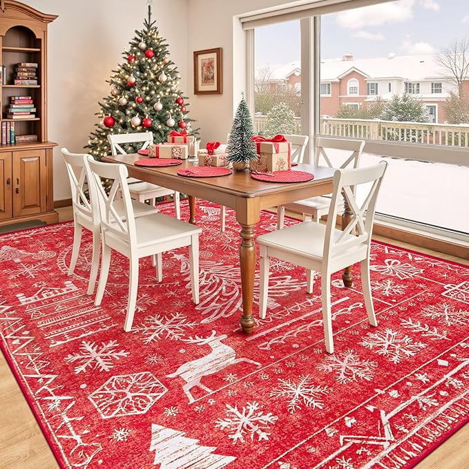 Christmas Area Rug for Living Room 8x10: Large Washable Xmas Rugs Boho Moroccan Holiday Rug Soft Non Slip Carpet for Bedroom Dining Room Home(Xmas Red, 8'X10')