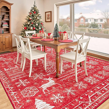 Christmas Area Rug for Living Room 8x10: Large Washable Xmas Rugs Boho Moroccan Holiday Rug Soft Non Slip Carpet for Bedroom Dining Room Home(Xmas Red, 8'X10')