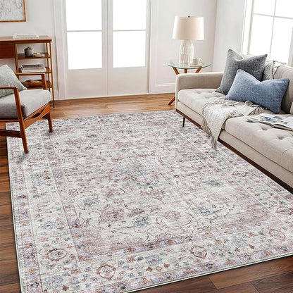 CHAMPLANT Washable Area Rug 4'x6' Traditional Floor Cover Foldable Thin Rugs Retro Kitchen Indoor Distressed Non Slip Carpet Floral Print Mat Bedroom Living Room