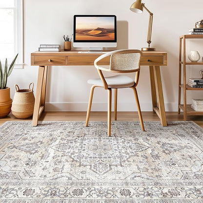 10x14 Area Rugs Living Room: Washable Boho Large Neutral Vintage Soft Rug Stain Resistant Farmhouse Non Slip Indoor Floor Carpet for Bedroom Nursery Kids Playroom Office Dining Room- Ivory Gray