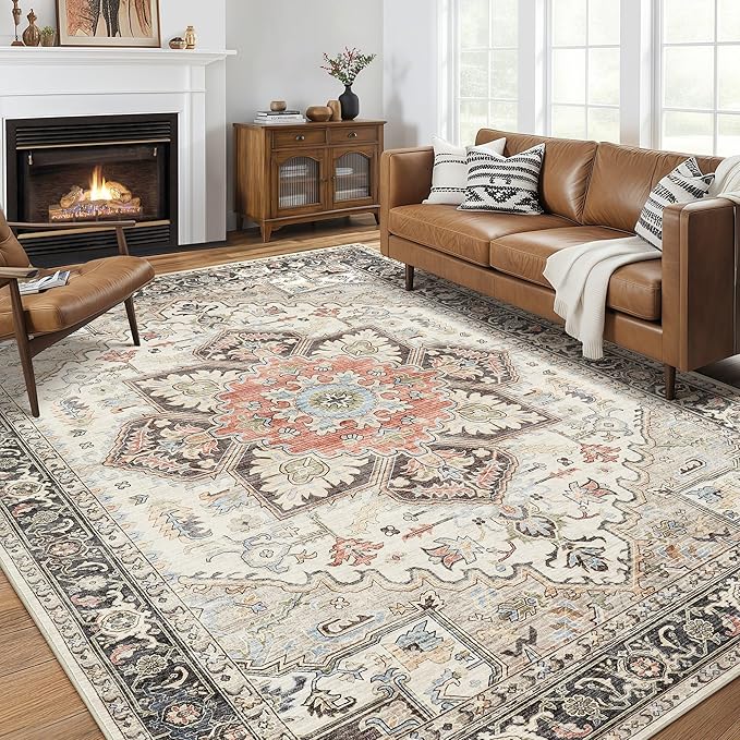 Area Rug for Living Room - 8x10 Soft Machine Washable Oriental Vintage Floral Distressed Large Indoor Floor Carpet for Bedroom Under Dining Table Home Office Decor - Multi Cream