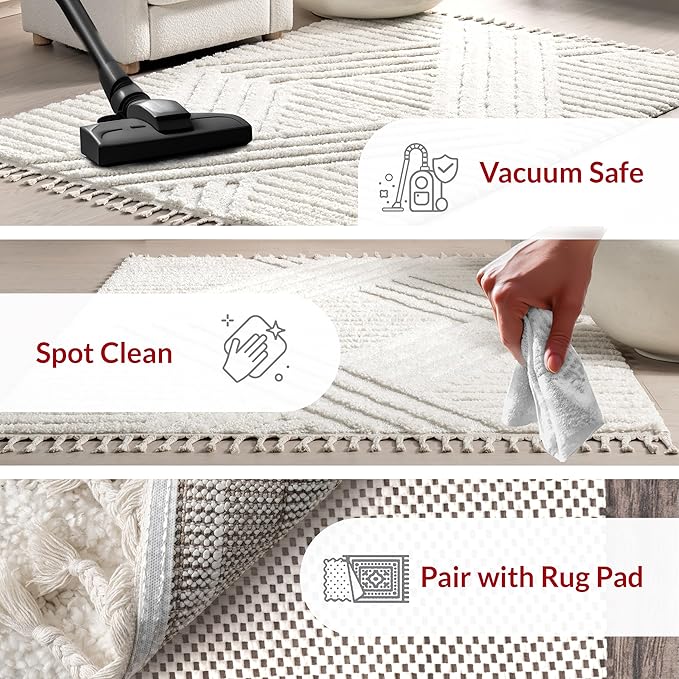 nuLOOM Risette Geometric Shag Tassel Area Rug - 4x6 Shag Area Rug Casual Ivory Rugs for Living Room Bedroom Dining Room Nursery Kitchen
