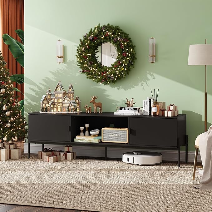 WLIVE TV Stand for 65 Inch TV, Mid Century Modern Entainment Center with 2 Storage Cabinets & Open Shelf, TV Console Table Media with Metal Legs for Living Room, Bedroom, Black