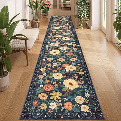 DUKINO Washable Runner Rug 2x12, Ultra Soft Floral Runner Rug for Hallway, Boho Non Slip & Non Shedding Indoor Entryway Carpet for Kitchen, Laundry Room, Bathroom, Bedroom, Entrance, Navy Blue