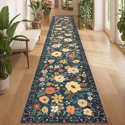 DUKINO Washable Runner Rug 2x12, Ultra Soft Floral Runner Rug for Hallway, Boho Non Slip & Non Shedding Indoor Entryway Carpet for Kitchen, Laundry Room, Bathroom, Bedroom, Entrance, Navy Blue