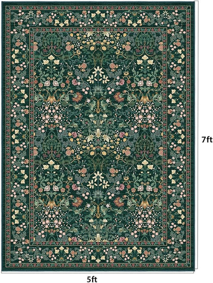 AMADA HOMEFURNISHING 5x7 Area Rug, Washable Living Room Rug with Non-Slip Backing, Low Pile and Durable Edge Binding, Vintage Soft Floral Rugs for Living Room, Bedroom, Dining Room