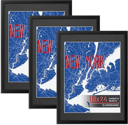 ELSKER&HOME 18x24 Poster Frame Black, Display Pictures 16x20 with Mat or 18x24 Photos without Mat Set of 3, Include 3 Wall Art Prints, Horizontal and Vertical Wall Mounting