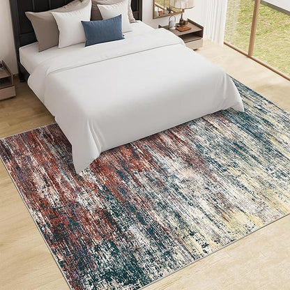 ROYHOME Washable Rug 5x7 Abstract Area Rug for Living Room, Non Slip Foldable Soft Rugs for Bedroom, Stain Resistant Rugs Modern Fuzzy Rug, Indoor Floor Carpet for Entryway Home, Red Multi