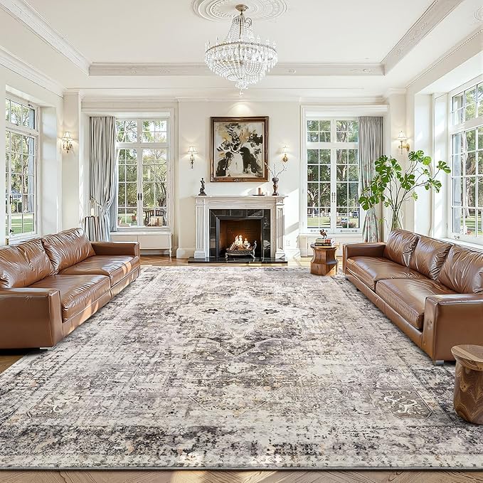YOH Boho Washable Rug 8x10, Charcoal Gray Vintage Non Slip Area Rug, Distressed Indoor Carpet for Living Room Bedroom Kitchen Office