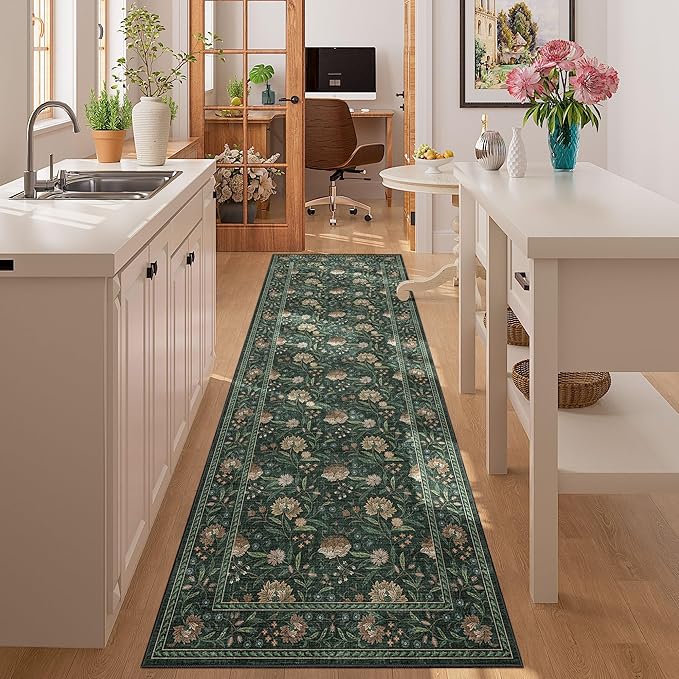 DUKINO 2x6 Rug for Hallway, Vintage Floral Non Slip Kitchen Runner Rug with Washable & Lightweight, Soft Low Pile Indoor Floor Stain Resistant Carpet for Entryway, Bedroom, Bathroom, Laundry, Green