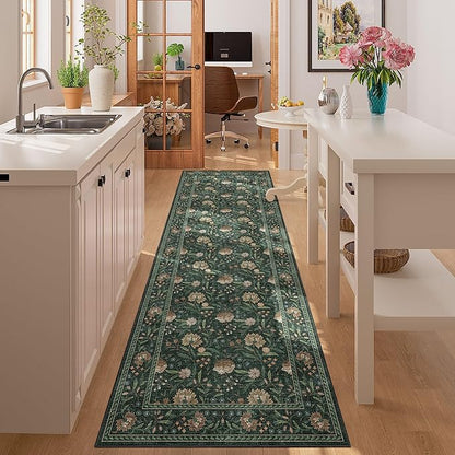 DUKINO 2x6 Rug for Hallway, Vintage Floral Non Slip Kitchen Runner Rug with Washable & Lightweight, Soft Low Pile Indoor Floor Stain Resistant Carpet for Entryway, Bedroom, Bathroom, Laundry, Green