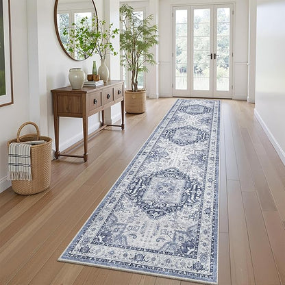 Washable Runner Rug 2.6x10- Non Slip Vintage Hallway Runner Rugs for Kitchen, Stain Resistant Long Carpet for Living Room Entryway Bedroom Laundry Navy/Blue