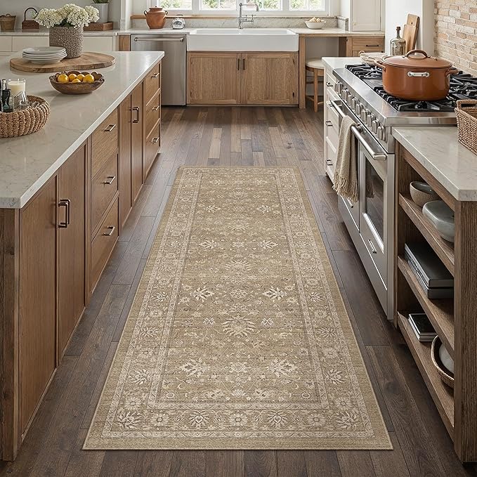 PureCozy 2x6 Runner Rug Brown Washable Hallway Vintage Carpet Kitchen Small Long Non Slip Stain Soft Resistant Low Pile Thin Boho Accent Indoor Throw Rug for Bedroom Laundry Living Room