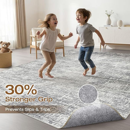 10x13 Area Rug Living Room: Washable Large Neutral Grey Rug Abstract Soft Modern Stain Resistant Indoor Floor Non-Slip Carpet for Bedroom Nursery Kids Office Playroom Dining Room Under Table Home