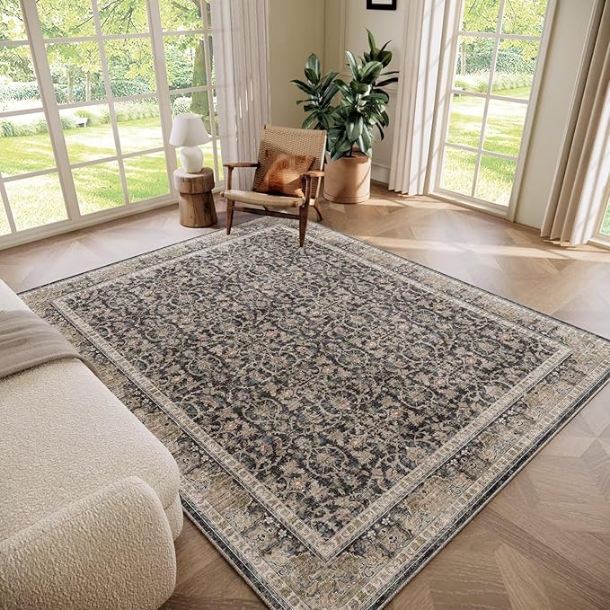 Washable 5x7 Area Rugs for Living Room, Boho Non-Slip Vintage Rugs for Bedroom Dining Room Nursery Office, 0.3" Neutral Oriental Throw Thin Carpet with Cushioning Pad, Black/Blue/Multi,A1