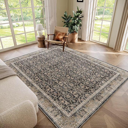 Washable 6x9 Area Rugs for Living Room, Boho Non-Slip Vintage Distress Large Rugs for Bedroom Dining Room Nursery Office, 0.3" Neutral Oriental Throw Thin Carpet, Black/Blue/Multi,A1