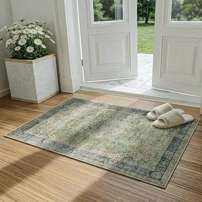 Entryway Rug 2x3 Green Washable Vintage Entryway Area Rug Distressed Oriental Neutral Non Slip Low Pile Door Mat Soft Retro Small Throw Thin Indoor Carpet for Entry Entrance Kitchen Bathroom Bedroom