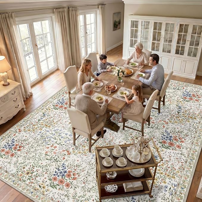 12x12 Square Area Rug Living Room: Boho Floral Washable Mat for Dining Room Bedroom Office High Traffic Area Soft Non Slip Low Pile Indoor Carpet for Vintage Farmhouse Home Decor (12ft Square, Beige)