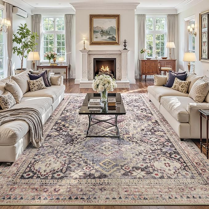 YOH Boho Washable Rug 6x9, Mauve Grey Vintage Non Slip Area Rug, Distressed Indoor Carpet for Living Room Bedroom Kitchen Office