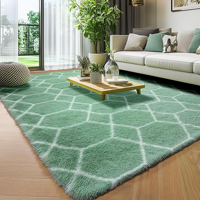 ONASAR Area Rugs for Bedroom Living Room, 4x6 Fluffy Sage Green and White Throw Rug, Soft Plush Fuzzy Shaggy Geometric Floor Carpet for Nursery Kids Girls Boys Teen Dorm Home Decor Aesthetic