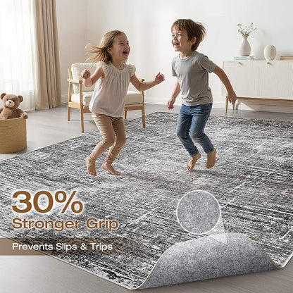 8x10 Area Rug Living Room: Washable Large Neutral Black Rug Abstract Soft Modern Stain Resistant Indoor Floor Non-Slip Carpet for Bedroom Nursery Kids Office Playroom Dining Room Under Table Home