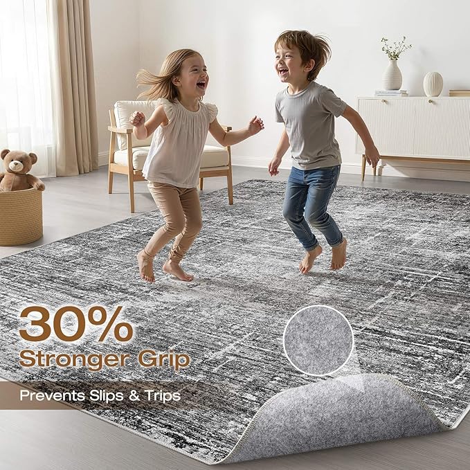 7x10 Area Rug Living Room: Washable Large Neutral Black Rug Abstract Soft Modern Stain Resistant Indoor Floor Non-Slip Carpet for Bedroom Nursery Kids Office Playroom Dining Room Under Table Home