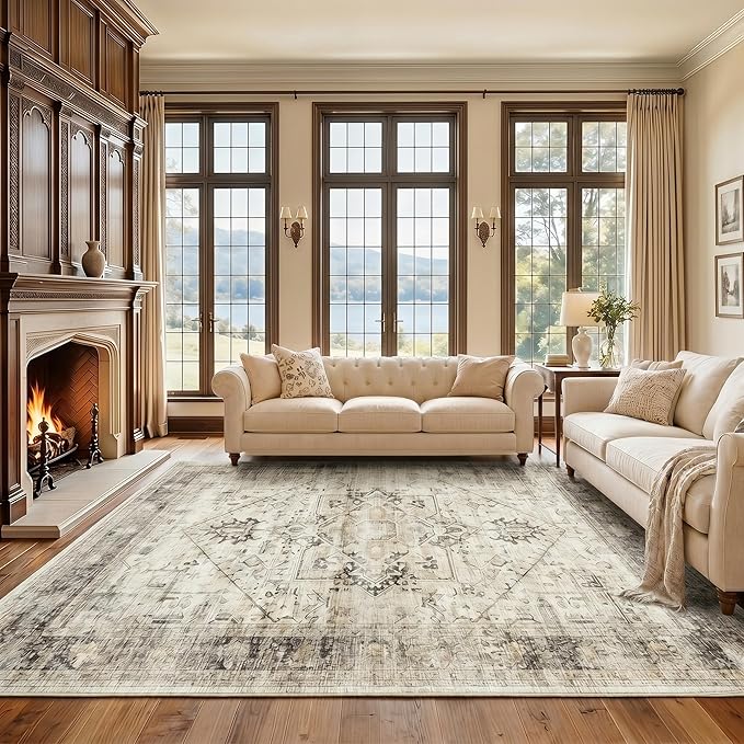 AMADA HOMEFURNISHING 9x12 Washable Area Rug, Low-Profile Large Area Rug with Non-Slip Backing & Durable Edge Binding, Vintage Large Rugs for Living Room, Bedroom & Dinning Room