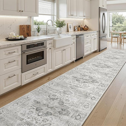 Washable 2.6x16 Runner Rug - Non Slip Long Vintage Hallway Runner Rugs for Kitchen Stain Resistant Indoor Mat Waterproof Carpet for Living Room Entryway Ivory/Gray