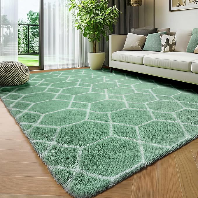 ONASAR Rugs for Living Room Bedroom, 5x8 Fluffy Sage Green and White Area Rug, Geometric Boho Soft Plush Shaggy Floor Carpets for Nursery Kids Girls Boys Teen Dorm Home Decor Aesthetic