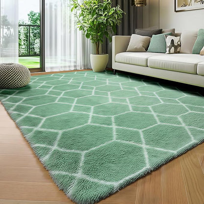 ONASAR Rugs for Living Room Bedroom, 5x8 Fluffy Sage Green and White Area Rug, Geometric Boho Soft Plush Shaggy Floor Carpets for Nursery Kids Girls Boys Teen Dorm Home Decor Aesthetic
