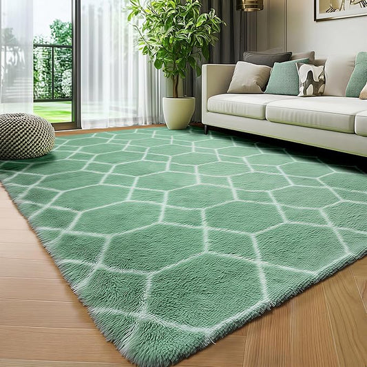 ONASAR Rugs for Living Room Bedroom, 5x8 Fluffy Sage Green and White Area Rug, Geometric Boho Soft Plush Shaggy Floor Carpets for Nursery Kids Girls Boys Teen Dorm Home Decor Aesthetic