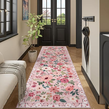 DUKINO 3x10 Runner Rug for Hallway, Washable Kitchen Floral Runner Rug with Non Slip Backing, Low Pile Soft Boho Carpet for Kitchen, Hallway, Entryway, Laundry, Bedroom, Pink