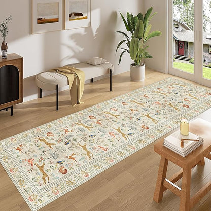 DUKINO Runner Rug, 2x8 Washable Kitchen Rugs for Hallways with Non Slip Backing, Soft Low Pile Vintage Animal Runner for Kitchen, Hallway, Entryway, Laundry, Bedroom, Beige