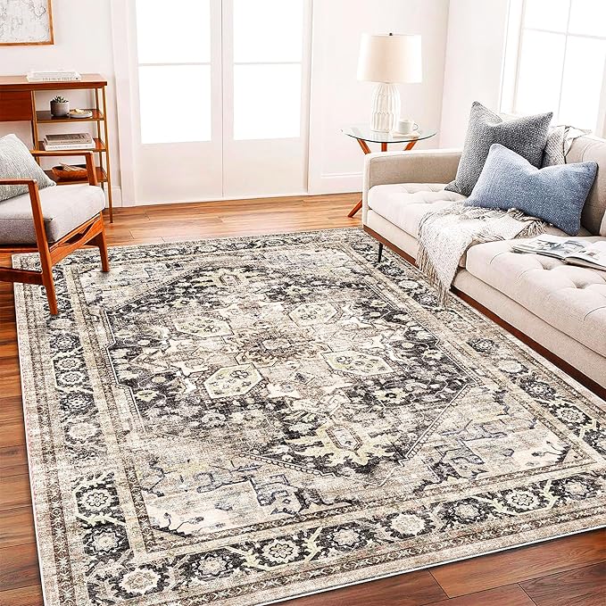 CHAMPLANT Area Rug 6'x9' Black-Purple Khaki Washable Vintage Traditional Floor Cover Thin Retro Kitchen Indoor Distressed Non Slip Carpet for Living Room Bedroom Dining Room