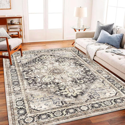 CHAMPLANT Area Rug 6'x9' Black-Purple Khaki Washable Vintage Traditional Floor Cover Thin Retro Kitchen Indoor Distressed Non Slip Carpet for Living Room Bedroom Dining Room