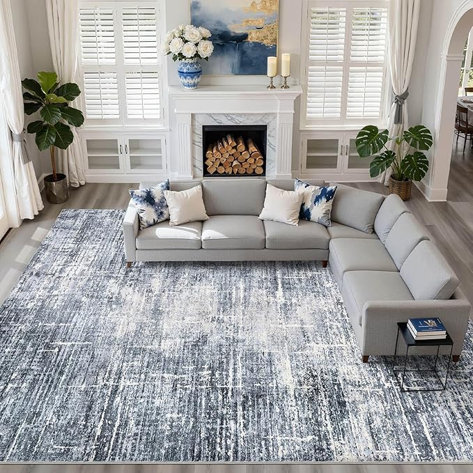 10x12 Area Rug Living Room: Washable Large Neutral Navy Rug Abstract Soft Modern Stain Resistant Indoor Floor Non-Slip Carpet for Bedroom Nursery Kids Office Playroom Dining Room Under Table Home