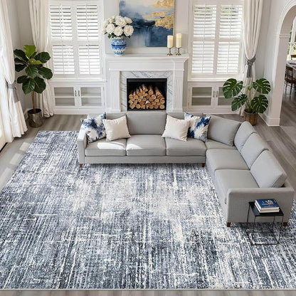 10x12 Area Rug Living Room: Washable Large Neutral Navy Rug Abstract Soft Modern Stain Resistant Indoor Floor Non-Slip Carpet for Bedroom Nursery Kids Office Playroom Dining Room Under Table Home