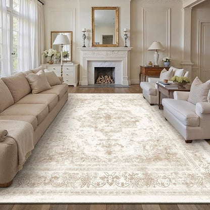 PureCozy Area Rug 10x12 Cream Washable Living Room Beige Carpet Non Slip Vintage Medallion Indoor Bedroom Beige Carpet Low Pile Soft Retro Distressed Large Rug Home Office Dining Room Playroom