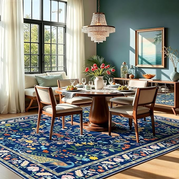 5x7 Blue Rugs for Living Room, Stain Resistant Non Slip Area Rug for Dining Room, Bedroom Floral Décor Indoor Carpet, Low Pile & Soft