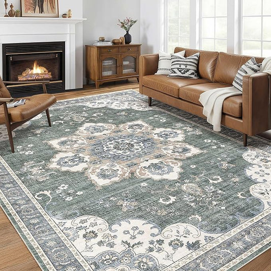 Area Rug for Living Room - 9x12 Soft Washable Oriental Vintage Floral Distressed Large Carpet - Fade Stain Resistant Non Slip Rugs for Bedroom Dining Room Nursery Dorm Office Home Decor - Green