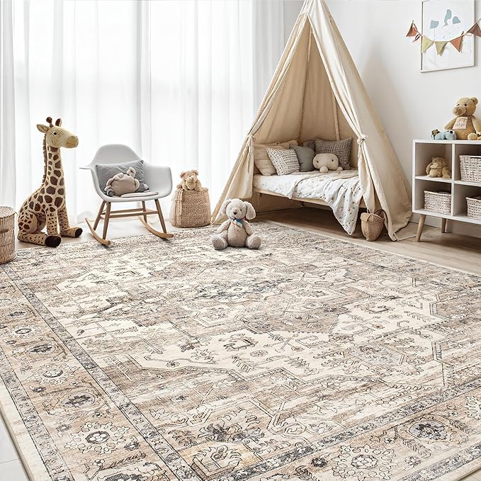 Area Rug 10x14 Washable Vintage - Soft Traditional Rug for Living Room Bedroom Dining Room or Home Office -Non Slip Backing Large Rugs with Low Pile Farmhouse Oriental Retro Carpet - Tea Brown