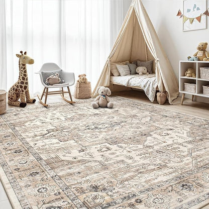 Area Rug 10x14 Washable Vintage - Soft Traditional Rug for Living Room Bedroom Dining Room or Home Office -Non Slip Backing Large Rugs with Low Pile Farmhouse Oriental Retro Carpet - Tea Brown