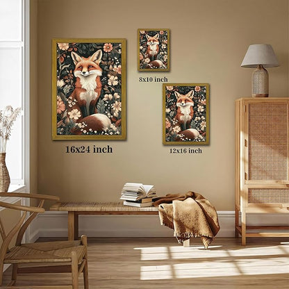 Framed 3D Textured Vintage Wall Art, Hand Drawn Sandstone Fox Wall Decor Paintings, Whimsical Forest Animal Floral Botanical Aesthetic Picture, Cottage Core Home Nursery Decor 16X24 inch