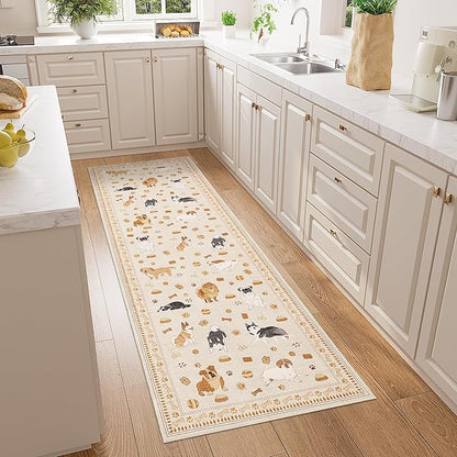DUKINO 2x6 Washable Runner Rug for Hallway, Non Slip Animal Dog Kitchen Rug with Low Pile Design, Soft Stain Resistant Indoor Carpert Runner for Entryway, Bedroom, Laundry, Bathroom, Beige Yellow