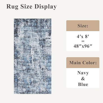 4x8 Washable Area Rug – Non-Slip Rubber Backed Indoor Rug for Entryway, Kitchen, Hallway | Modern Abstract Neutral Low Pile Thin Floor Mat for Bedroom, Living Room, Office（Blue）