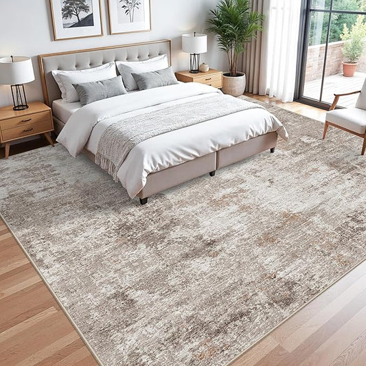 12x12ft Square Living Room Rug – Non-Slip Washable Extra Large Floor Carpet for Bedroom, Dining Room, Playroom Room – Modern Abstract Neutral Thin Low-Pile Big Indoor Rug (Beige Grey)