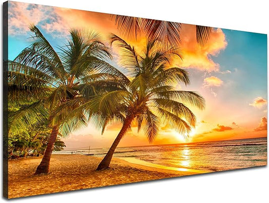 EPHANY Golden Ocean Beach Palm Wall Art Art - 1 Piece Canvas Wall Art Sunset See Tree Landscape Canvas Paintings Posters Print on Canvas Stretched and Framed Ready To Hang (F-1pcs,20x40inchx1pcs)